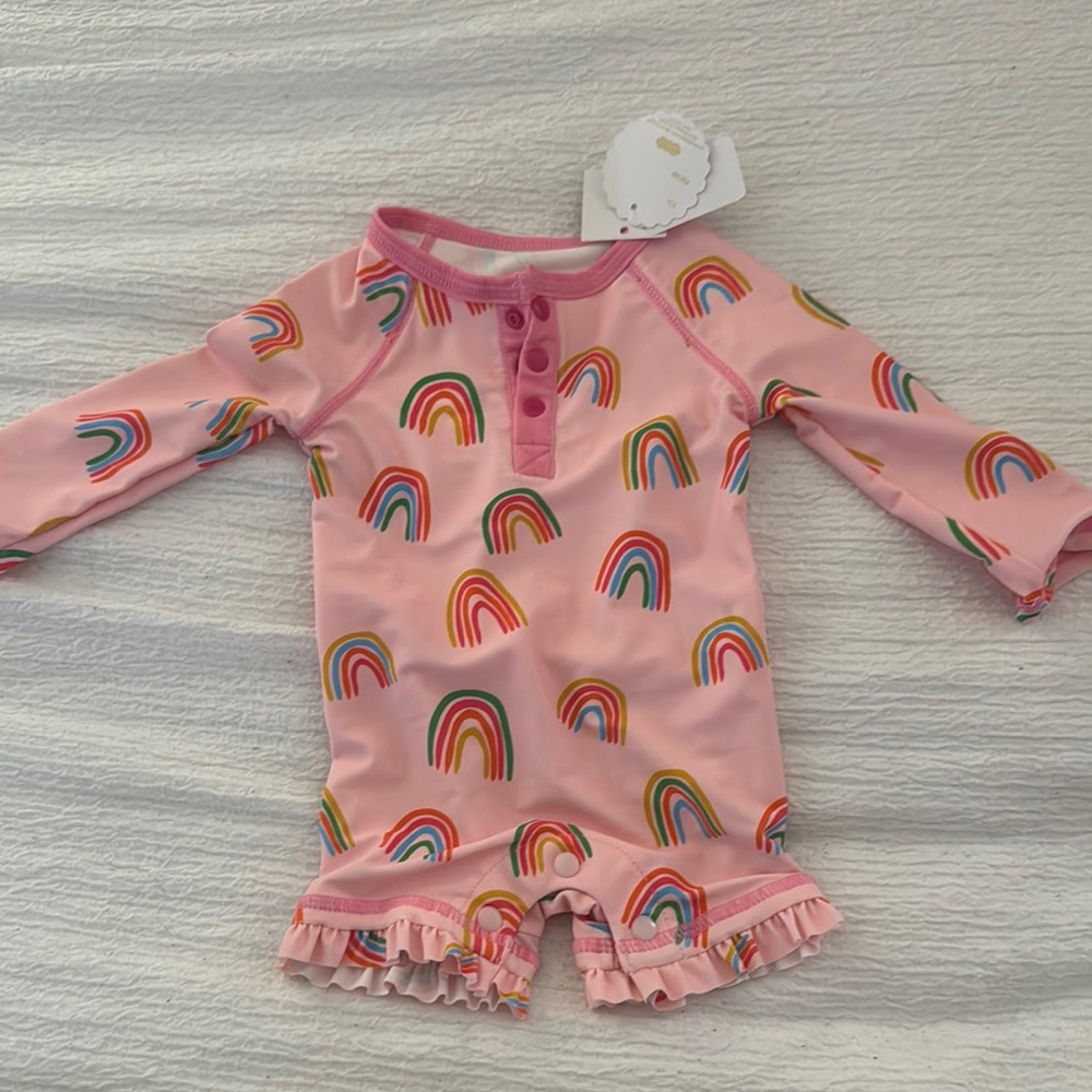 Mud Pie Pink Rashguard with Ruffled Rainbow Design